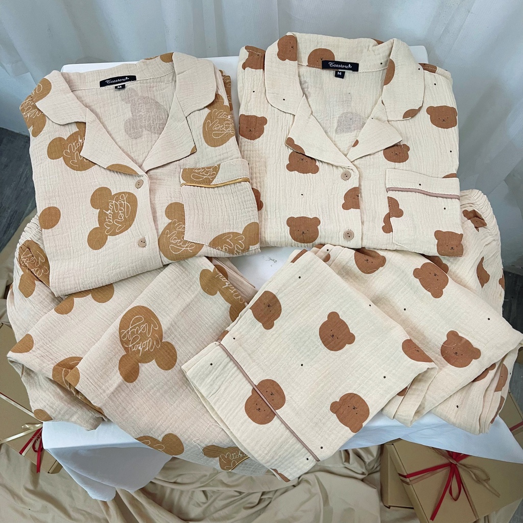 Bộ mặc nhà Pyjama chất xô muslin Tea Store áo cộc quần dài họa tiết dễ thương