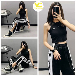 Set áo croptop ôm ba lỗ và quần ống rộng cúc bấm - VIETCEN