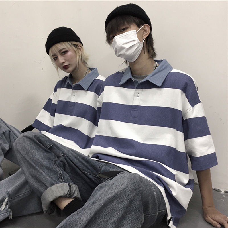 Áo polo tay lỡ,áo polo unisex kẻ sọc ngang form rộng nam nữ mặc cực chất.