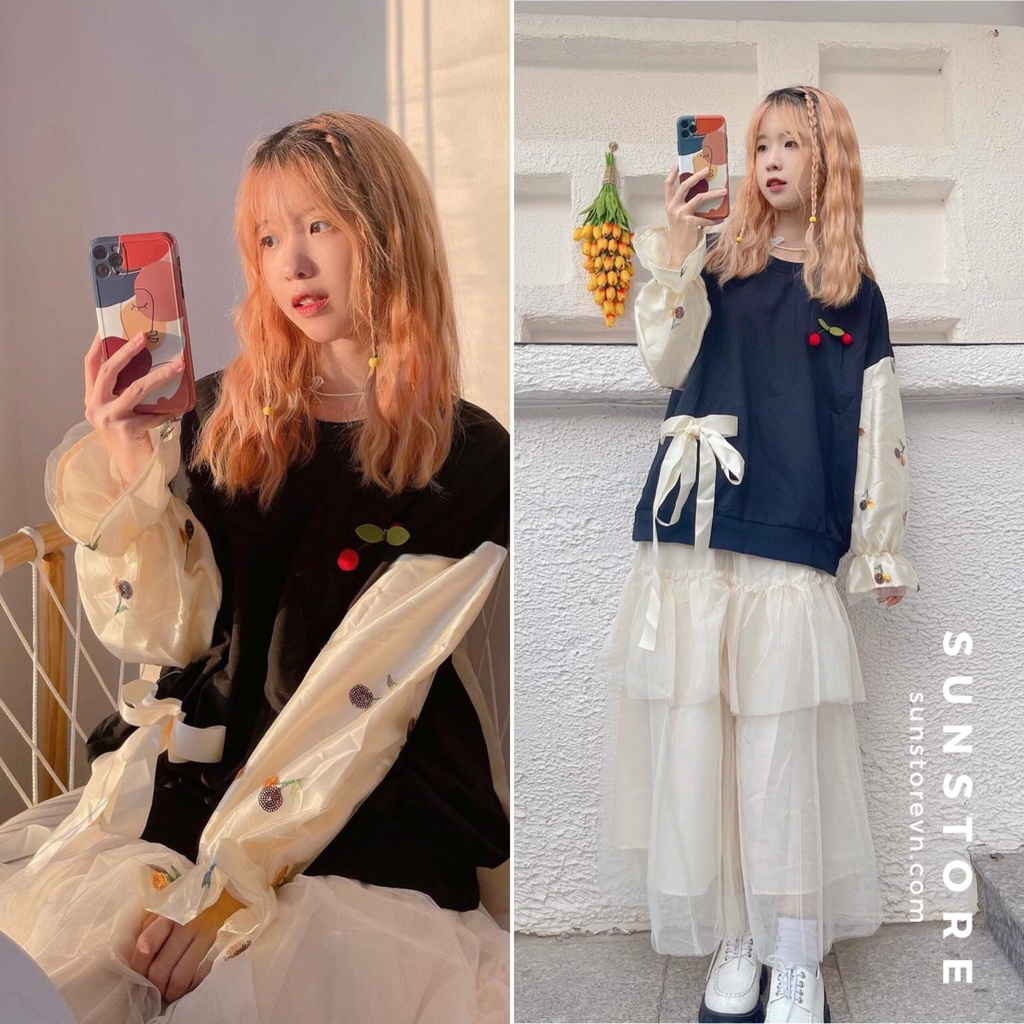 Set áo thun dài tay và chân váy xếp tầng ulzzang