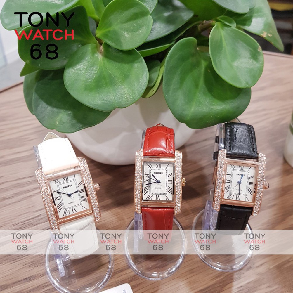 Freeship  Đồng hồ nữ dây da SKMEI quyến rũ đồng hồ nữ mặt vuông đính đá dâ