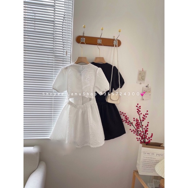 Váy xốp cổ V ly eo hở lưng phong cách Hàn quốc hai màu