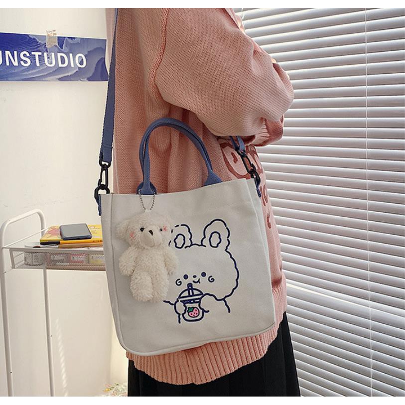 ❤️BÁN LỖ XIN ĐÁNH GIÁ❤️ Túi ToTe Vải Canvas Đeo Chéo Cầm Tay In Hình Gấu Dễ Thương DC0001