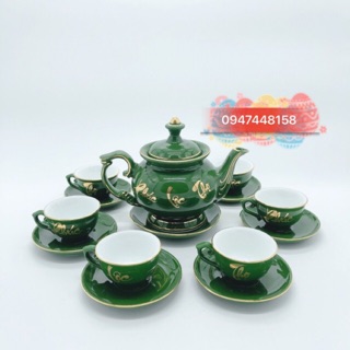 BỘ ẤM CHÉN XANH LỤC DÁNG PHÚ QUÝ - VẼ VÀNG KIM 24K PHÚC LỘC THỌ