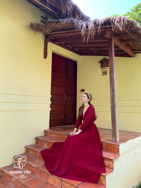 [Ảnh thật🍁] Đầm maxi đỏ đô tay dài cột nơ tà váy bồng xoè đi biển, chụp ảnh siêu xinh | BigBuy360 - bigbuy360.vn