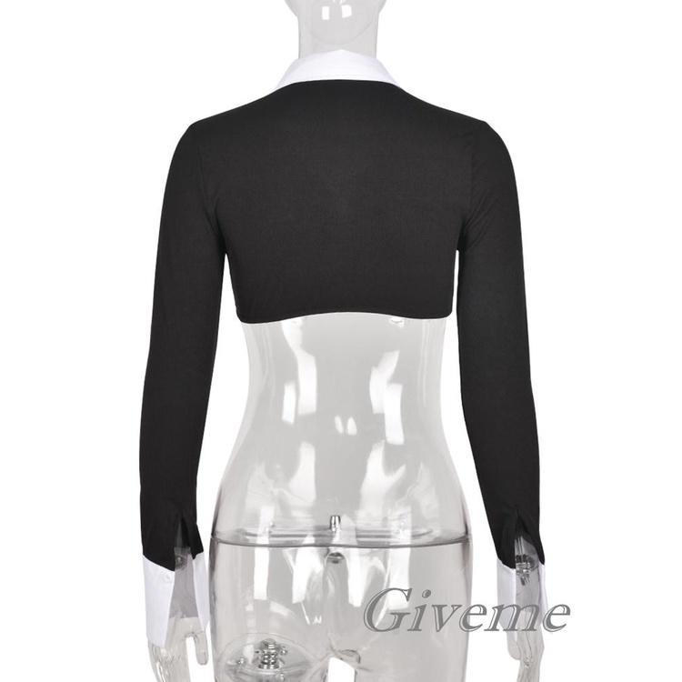 Áo Sơ Mi Croptop Tay Dài Cổ Bẻ Dáng Ôm Màu Tương Phản Thời Trang Cho Nữ