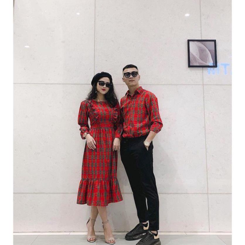 Áo đôi nam nữ 💖𝑭𝑹𝑬𝑬𝑺𝑯𝑰𝑷💖 Áo cặp váy sơ mi thời trang couple hàn quốc sọc kẻ caro màu đỏ đuôi cá đẹp AV34 .