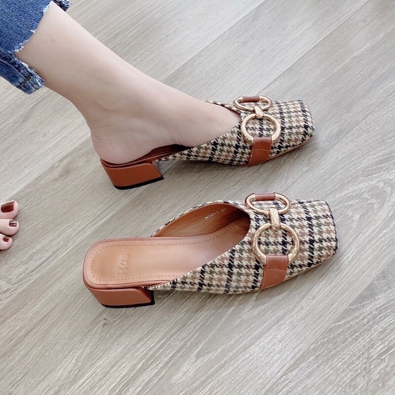 giầy sục vải kẻ mũi vuông khoá cạnh siêu chảnh l1