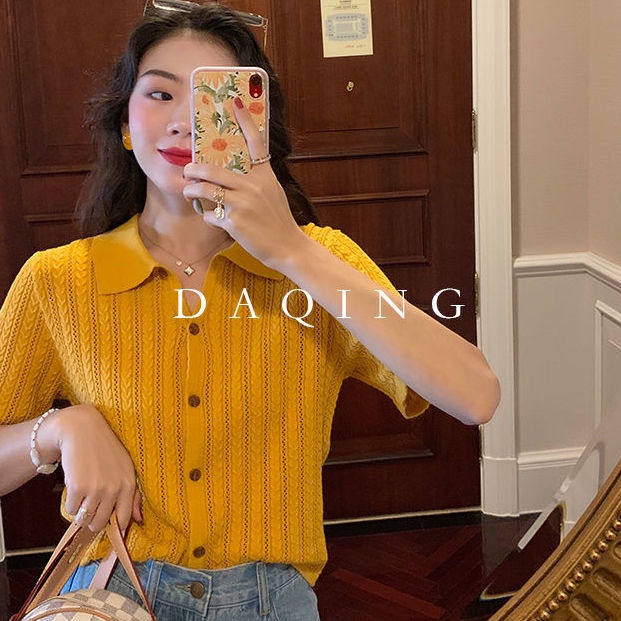 Áo sweater Dệt Kim Mỏng Cổ polo Đục Lỗ Kiểu retro Hàn Quốc Đơn Giản Thời Trang