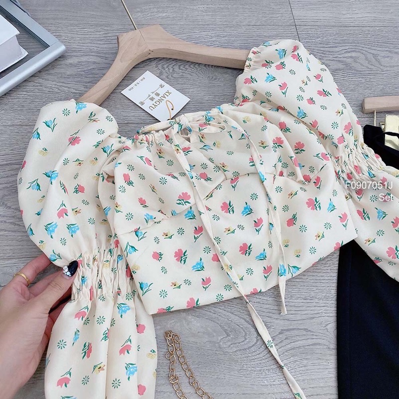 Set áo croptop hoa cột dây tay bo chun kiểu kèm quần TT0907