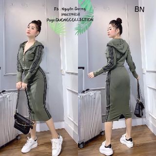 Set áo khoá mũ + chân váy len