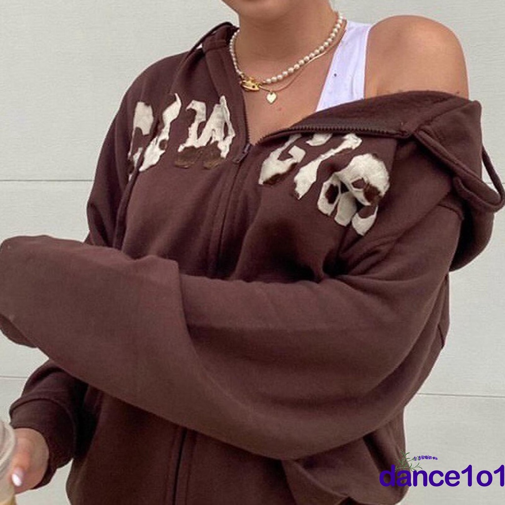 Áo khoác nữ tay dài có nón khóa kéo in chữ