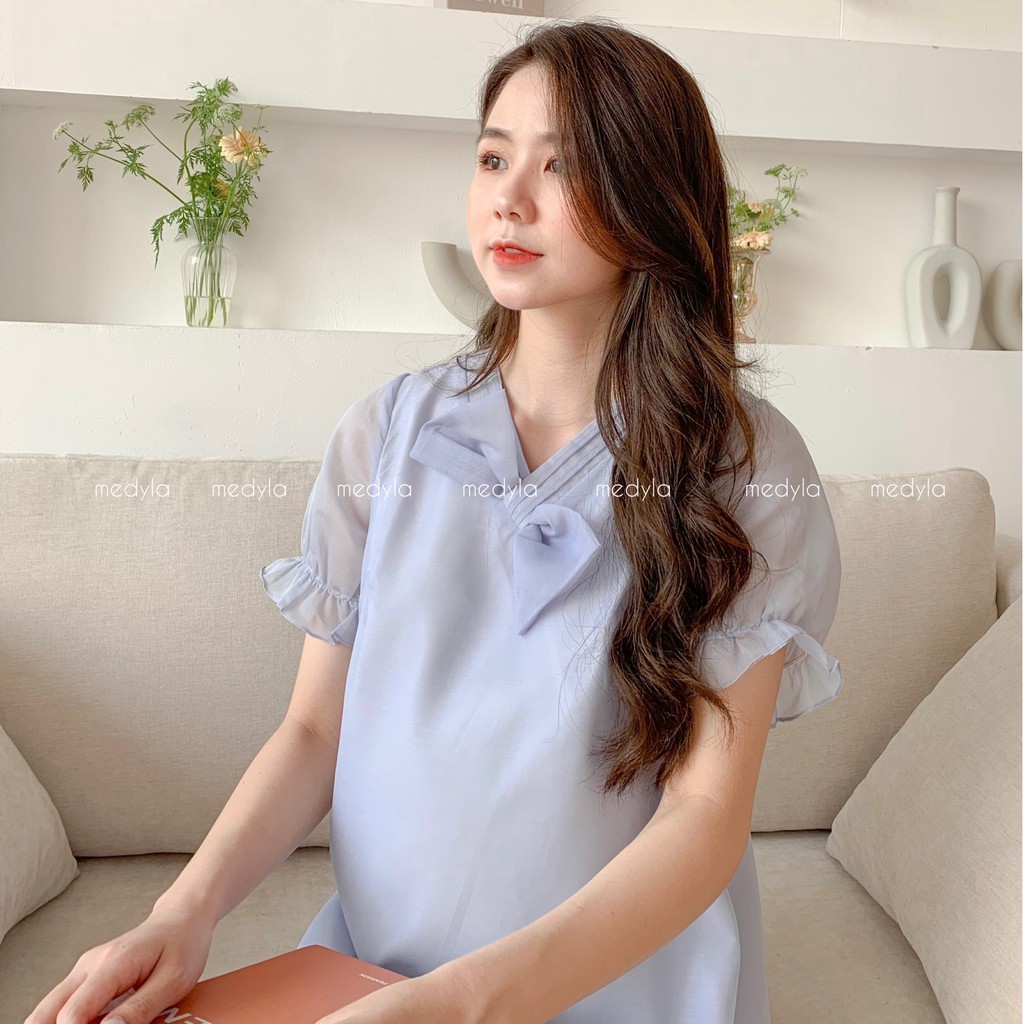 MEDYLA - Váy bầu xinh mùa hè 2 lớp tơ lót lụa cổ nơ lệch - VS720