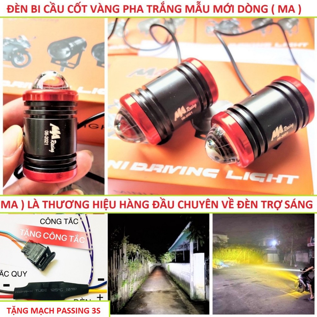 ĐÈN TRỢ SÁNG XE MÁY 2 CHẾ ĐỘ CỐT VÀNG PHA TRẮNG VIỀN ĐỎ - TẶNG MẠCH PASSING 3S