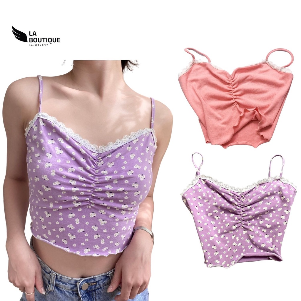 Áo croptop 2 dây đính ren nữ La Boutique Nhún Ngực Freesize Co Giãn 4 chiều Đi Chơi Ở Nhà Đều Xinh