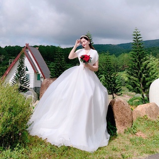 ELIES Đầm cưới đi bàn, váy cưới cổ V chéo lưng voan xốp màu trắng tùng xoè