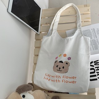 Túi tote 2 mặt 2in1 gấu và đào xinh vải canvas