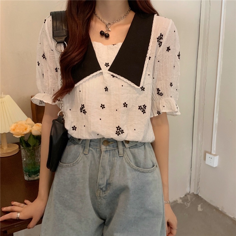 NZN Áo Kiểu Tay Phồng Ngắn In Hoa Kiểu Retro Pháp Dễ Thương Cho Nữ