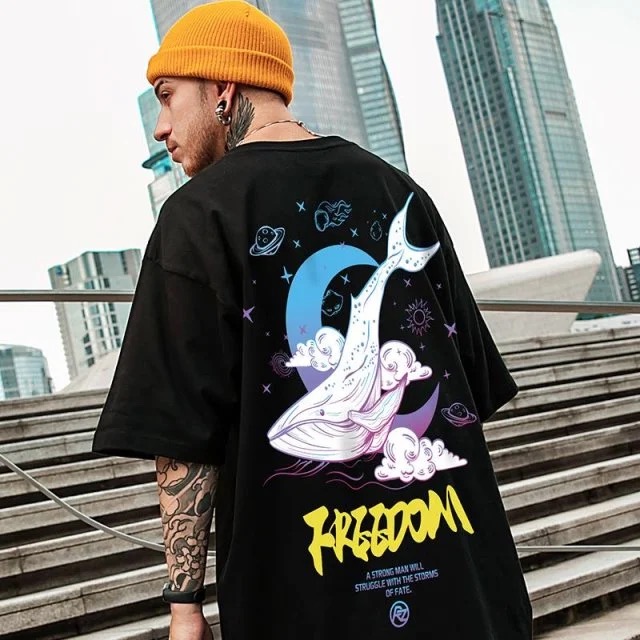 2 Color【M-3XL】Summer New Style Fashion Whale Printed Graphic Short Sleeve T-shirt Men Breathable Unisex Half Sleeve T-shirt Oversize Student Short T-shirt Couple Wear