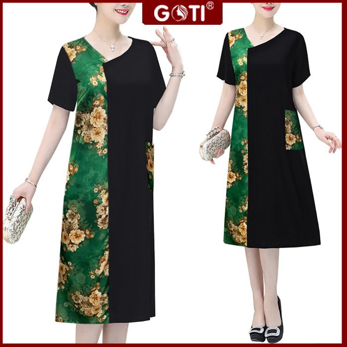 GOTI - Đầm Trung Niên Cao Cấp Dáng Suông Xòe Nhẹ Chữ A Tay Ngắn Dài Qua Gối Tặng Mẹ U50-60 3326 3328