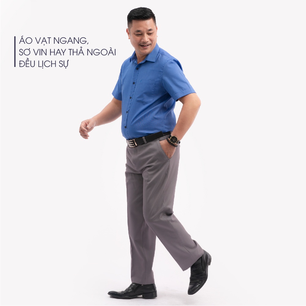 Áo Sơ Mi Nam Ngắn Tay Trung Niên ANCHI Màu Xanh Biển Trơn Vải Sợi Tre Cao Cấp