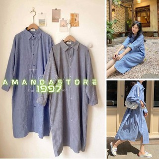 {Amanda}Váy sơ mi kẻ sọc kèm đai hai màu xanh đen HOTHIT. Váy kẻ sọc vintage.