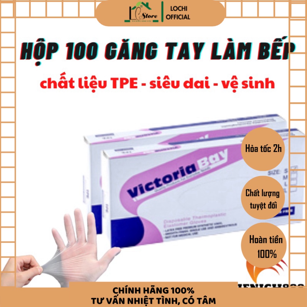 găng tay nấu ăn làm bếp siêu dai Victoria Bay chất liệu TPE không mùi chống nhăn hộp 100 cái size M Lochi Store