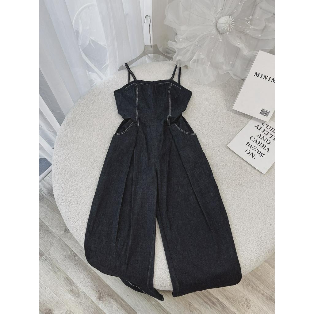 JUMPSUIT JEAN CHỈ VIỀN 2 DÂY TÚI QUẦN SUÔNG DÀI (TH)