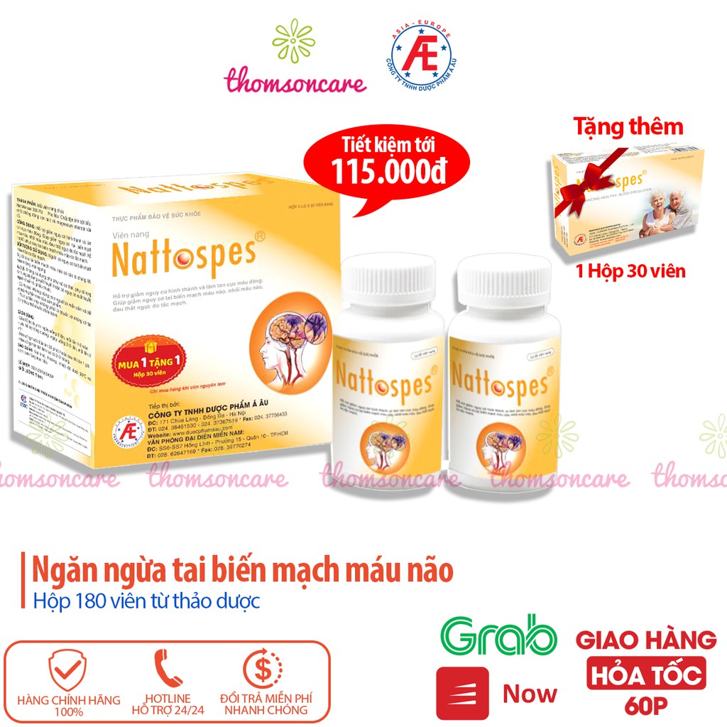 Nattospes Hộp 2 lọ x 90 viên Tặng thêm 1 hộp 30 viên - Hỗ trợ hoạt huyết dưỡng não, tuần hoàn não, ngủ ngon