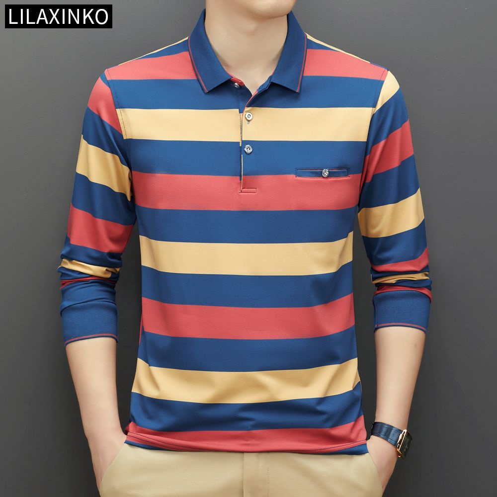 Áo Thun Polo Tay Dài Kẻ Sọc 2 Màu Thời Trang Thu Đông Cho Nam