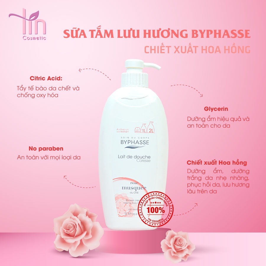 Sữa tắm nước hoa Byphasse trắng da nhập khẩu Tây Ban Nha 1000ml nuôi dưỡng làn da ẩm mượt sáng mịn cung cấp độ ẩm cho da