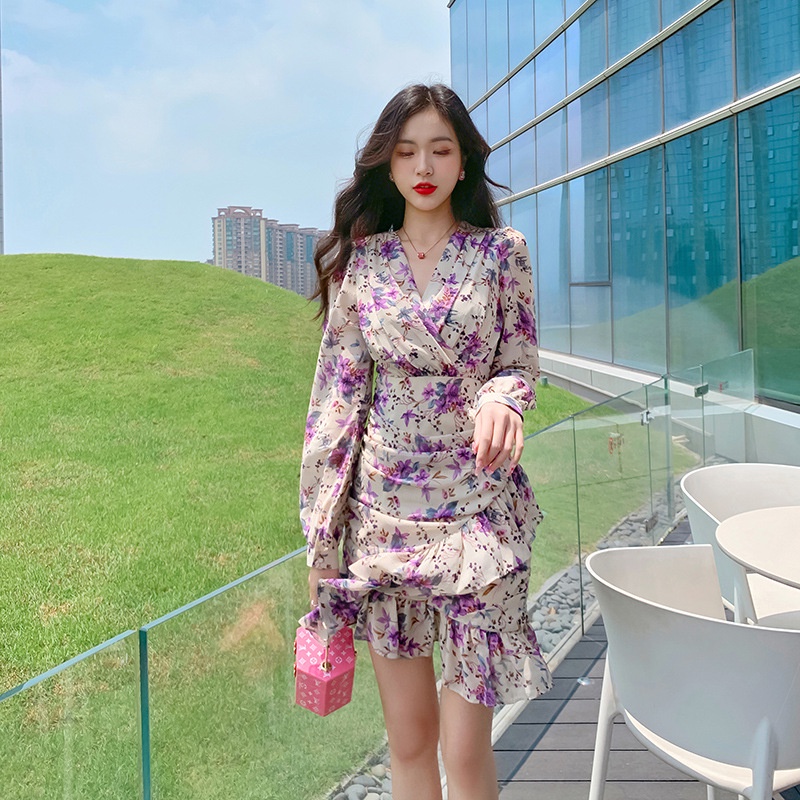 Đầm chiffon ZYHT 4799 dáng ngắn cổ V tay phồng họa tiết hoa thời trang Hàn Quốc cao cấp cho nữ