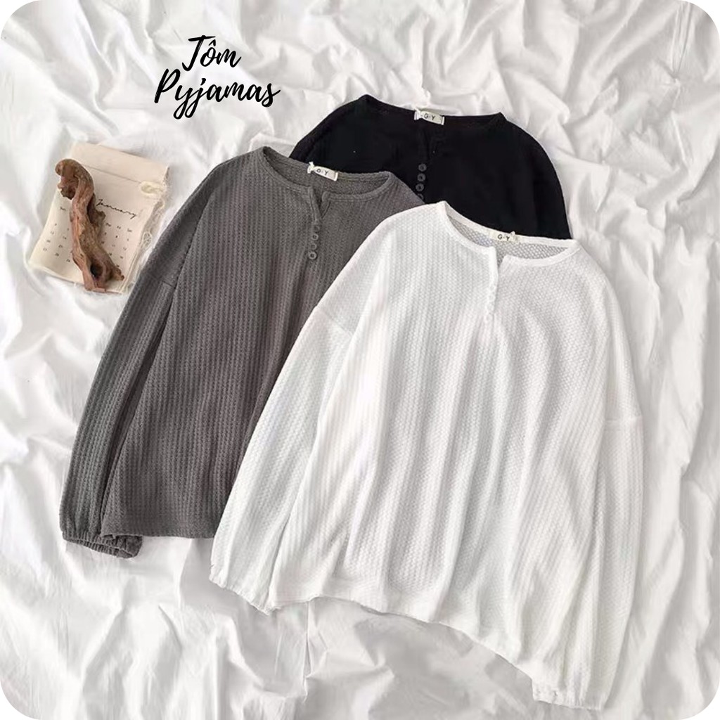 Áo Ulzzang Thun Len Mỏng Tay Bo Cúc Cài Dáng Rộng - Áo Len Cổ V 3 Màu G091