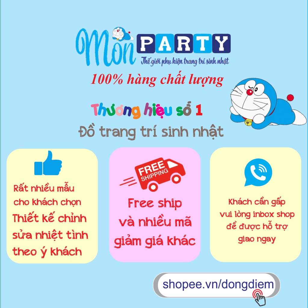 Chibi sinh nhật Mon Party (miễn phí thiết kế) Số tuổi chèn tên bé, chèn hình chibi sinh nhật cho bé cao 40cm