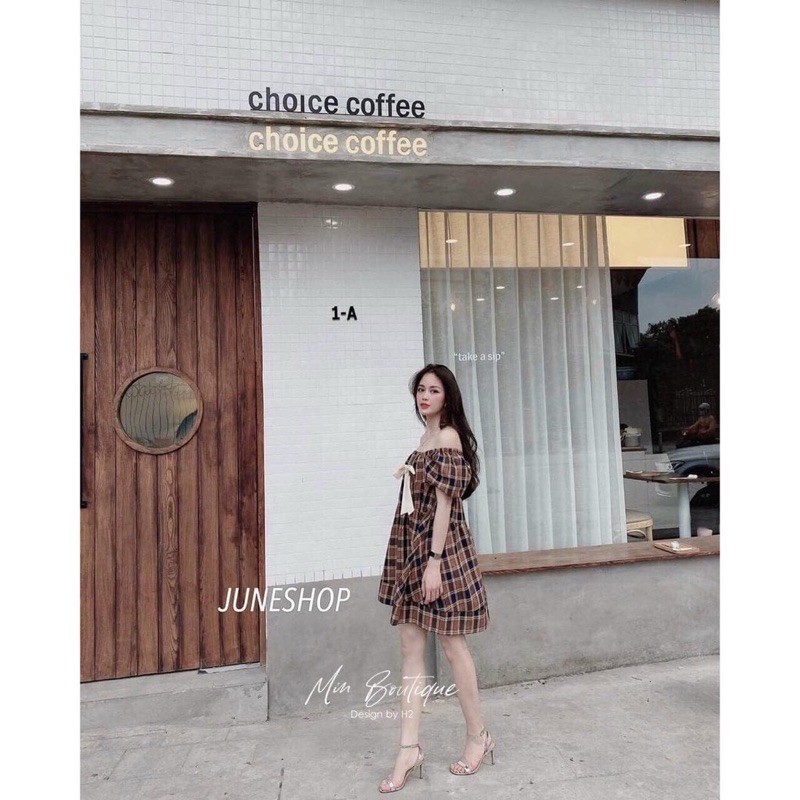 đầm bẹt vai chất bố thô, túi zip hàng qc chuẩn xịn đẹp ( 100% y hình)