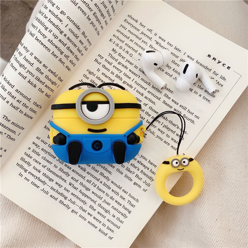 Vỏ bảo vệ hộp sạc tai nghe bằng silicon hình Minion kèm dây đeo chống thất lạc thích hợp cho Airpods 1 2 Pro