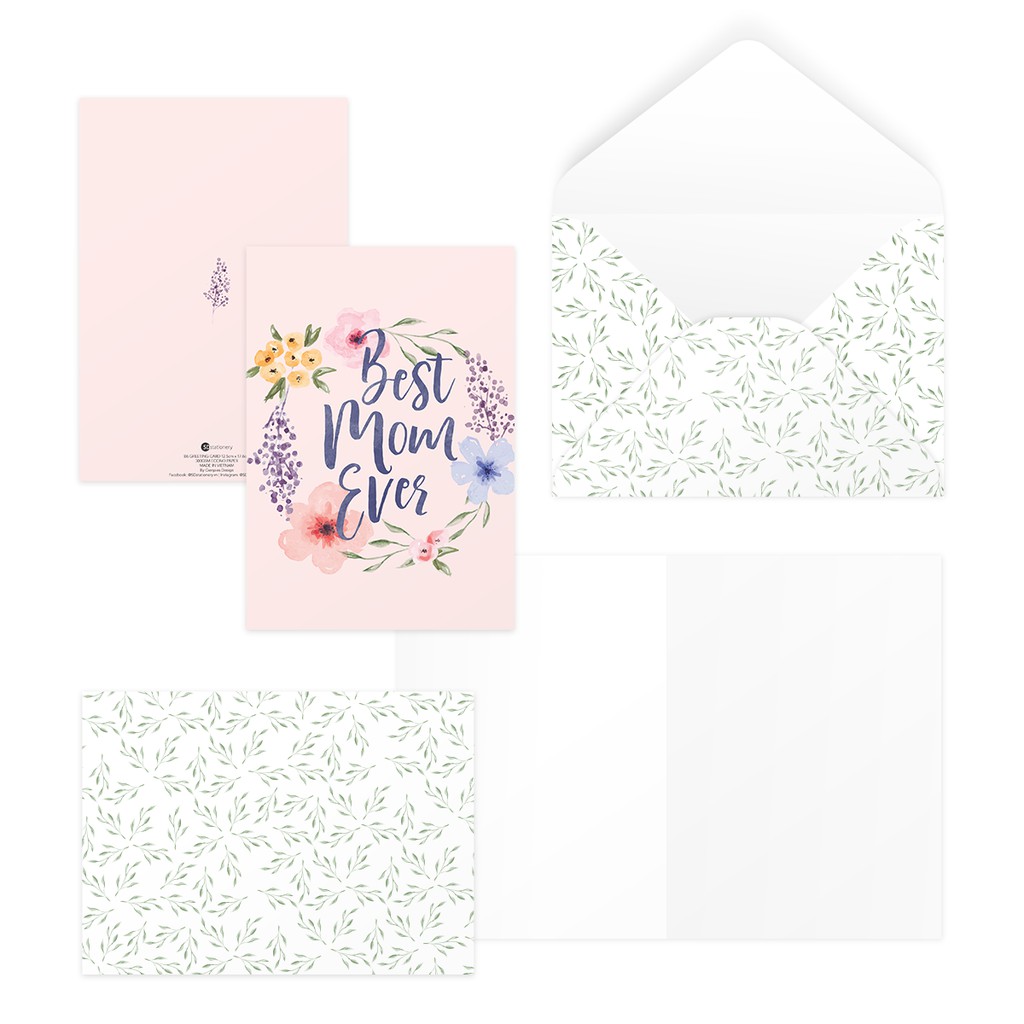 Thiệp tặng mẹ mother’s day ngày phụ nữ ngày Vu Lan BEST MOM EVER 12,5x17,6 SDstationery PURPLE hoa màu nước chữ viết tay