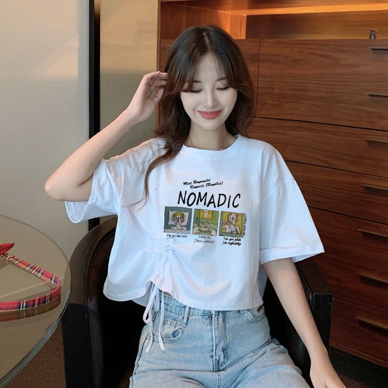 Áo Thun Ngắn Tay Dáng Rộng Eo Cao Phối Dây Rút Phong Cách Hàn Quốc Thời Trang Mùa Hè Dành Cho Nữ Sinh