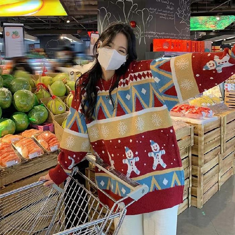 IELGY Áo Sweater Nữ Cổ Tròn Dài Tay In Hình Người Tuyết Giáng Sinh