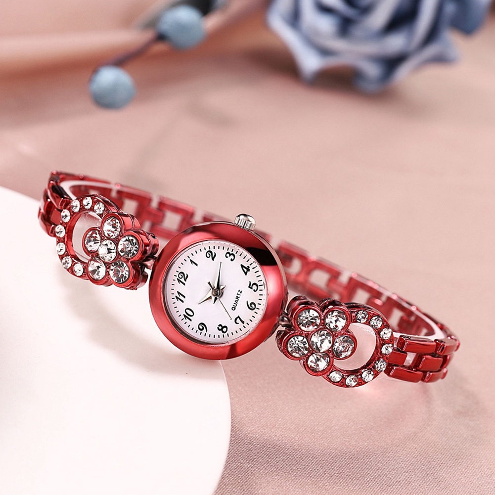 MACmk Elegant Women Rhinestone Flower Round Dial Alloy Band  Analog Quartz Wrist Watch