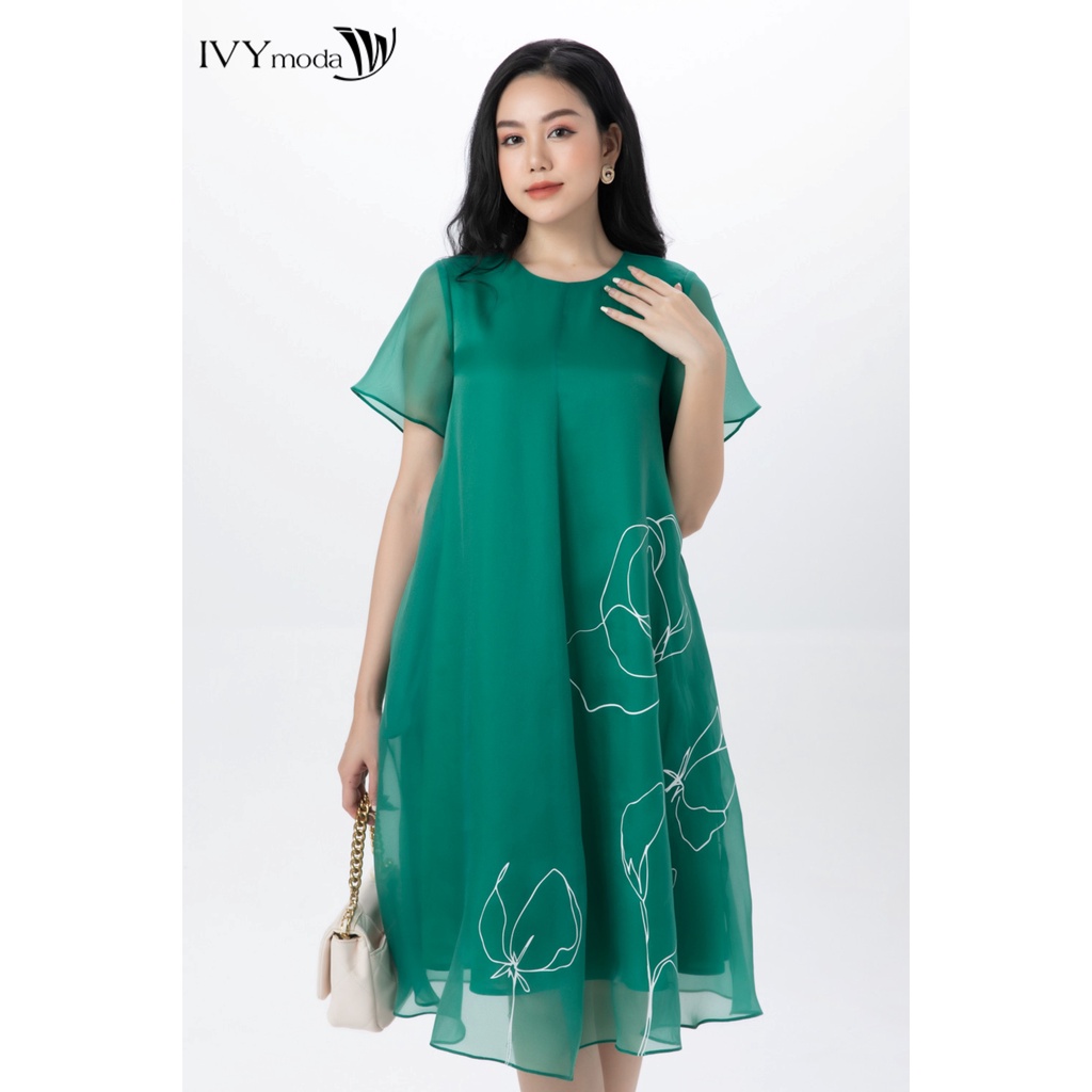 Đầm lụa bay phối line hoa IVY moda MS 48M7490