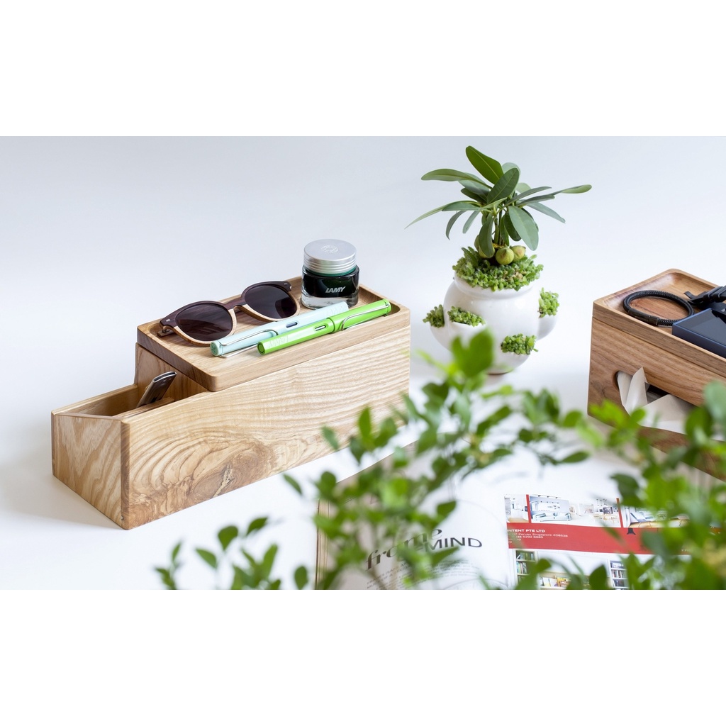 Hộp Đựng Khăn Giấy Đa Năng Gỗ Tự Nhiên Thiết Kế Sang Trọng 1 Khay Rời Kèm 2 Ngăn Tiện Dụng