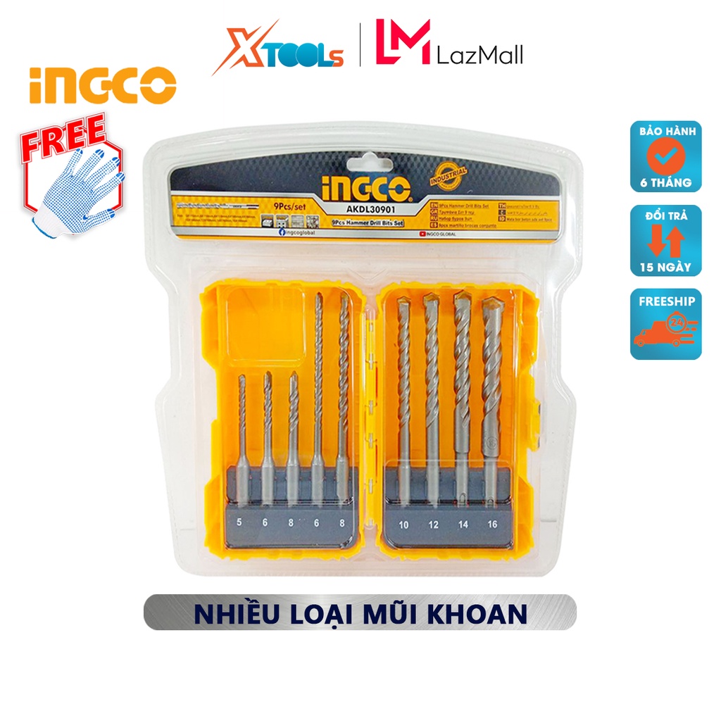 Bộ mũi khoan bê tông đuôi gài 9 chi tiết INGCO AKDL30901 | bộ 9 mũi khoan kích thước 5X110mm, 6X110mm, 8X110mm, 8X160mm,