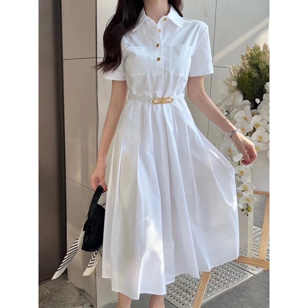 Đầm sơ mi trắng tay ngắn phối đai thắt eo mẫu mới mùa hè Gucci GC cao cấp