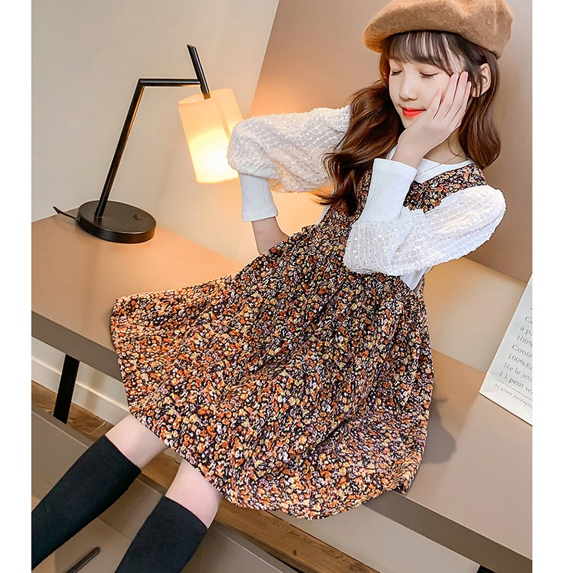 Váy thu đông bé gái hoa nhí tặng kèm áo thun tăm tay bồng siêu xinh size 15-32kg [SV10]