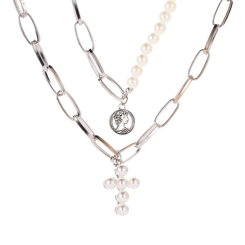 Dây chuyền nhiều lớp kiểu mắt xích dày dặn phối hình chữ thập bằng ngọc trai giả thời trang