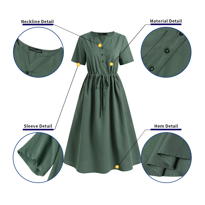 Đầm dài ZANZEA tay ngắn cài nút phía trước eo dây rút sành điệu cho nữ