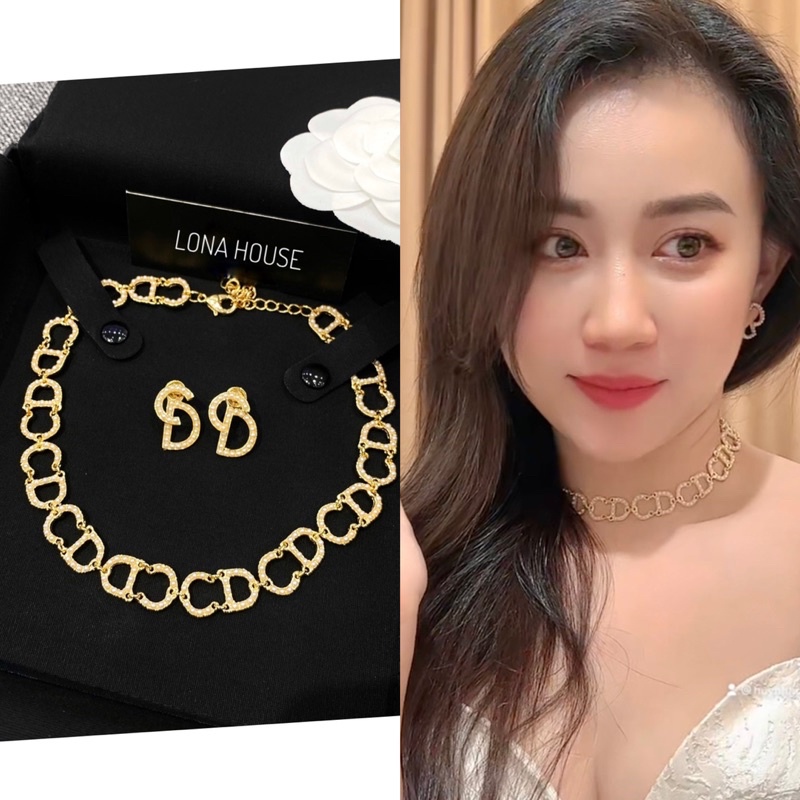 Khuyên tai + dây chuyền choker chữ cd thời trang nữ