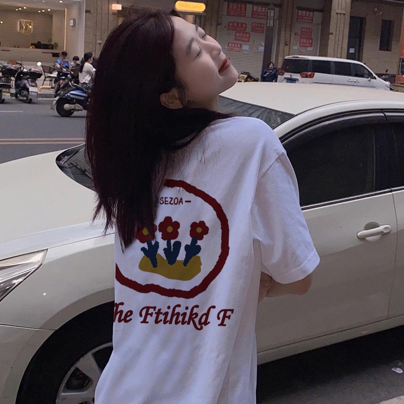 Áo thun Xiaozhainv ngắn tay cổ tròn dáng rộng in họa tiết cá tính cho nữ