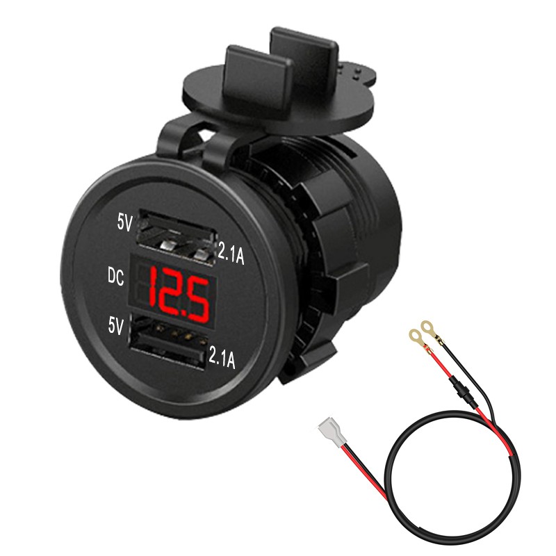 Bộ sạc PECHAM hai cổng usb 12-24v 4.2a chống thấm nước với màn hình hiển thị điện áp thích hợp cho xe hơi xe máy kèm cáp